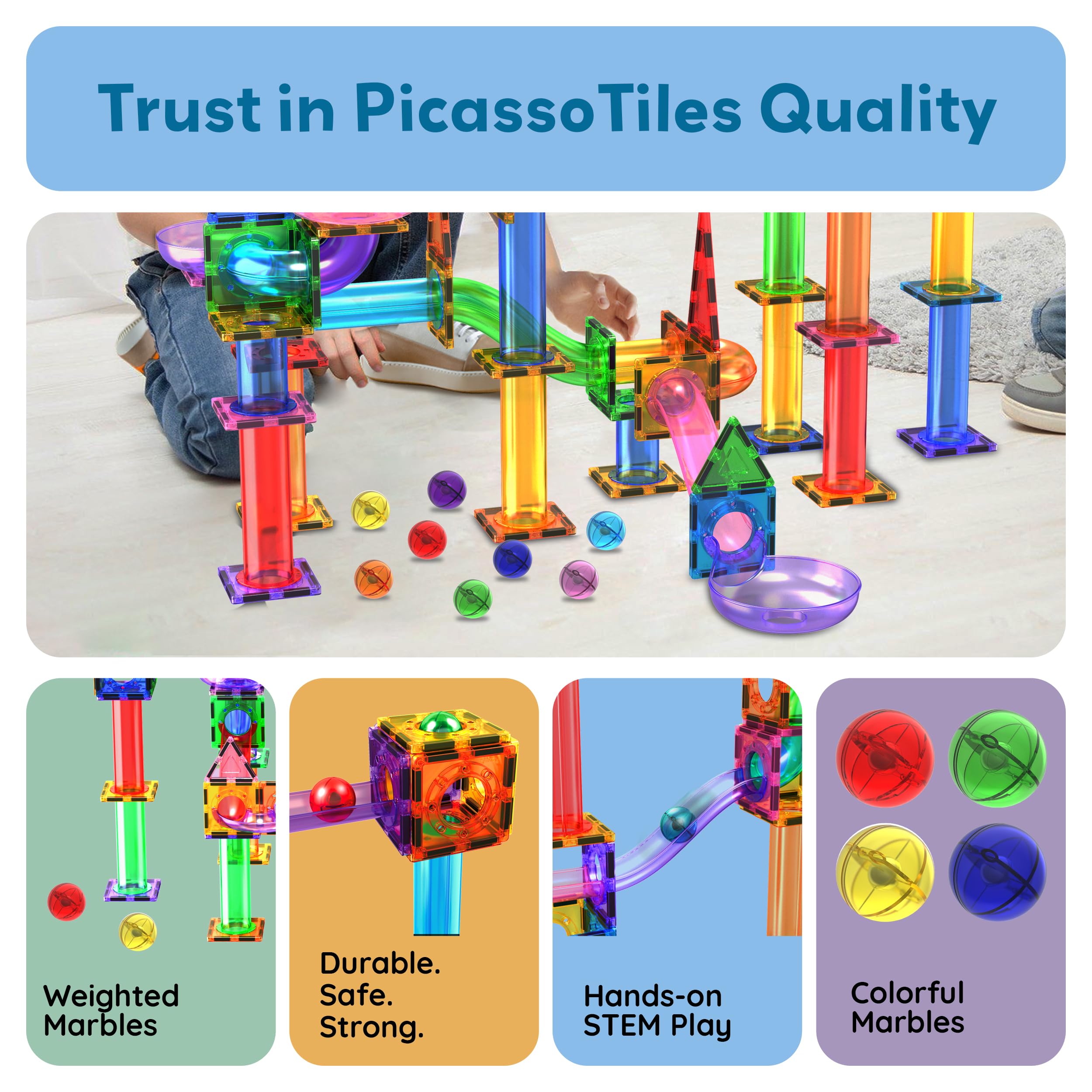 PicassoTiles 100 Piece Marble Run Magnetic Tiles Race Track STEM Ages 3+ | BPA-free ABS plastic, reinforced edges, curved slopes and U-turns, steel balls included, open-ended maze layouts, shared play