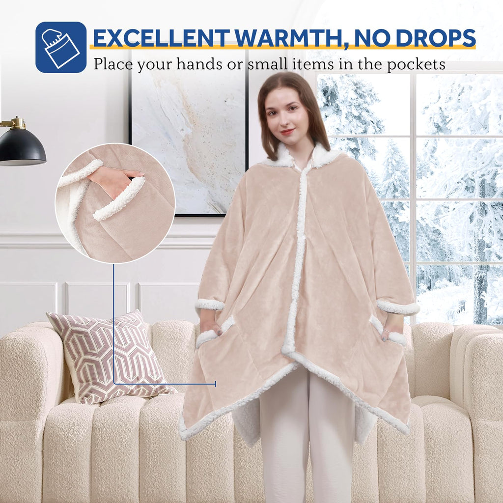 Sealy Heated Throw Wearable Shawl Wrap with Pockets, Reversible Flannel to Sherpa Electric Blanket Hoodie Poncho with 6 Heating Levels & 2-10 Hours Time Settings, 50 X 60 Inch, Pink