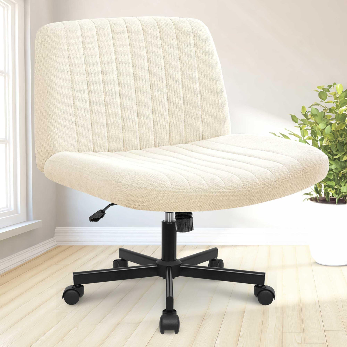NEO CHAIR Criss Cross Chair with Wheels Home Office Cross Legged Armless Chairs Adjustable Computer Desk Wide Seat for Bedroom Vanity Comfy Swivel (Teddy White)