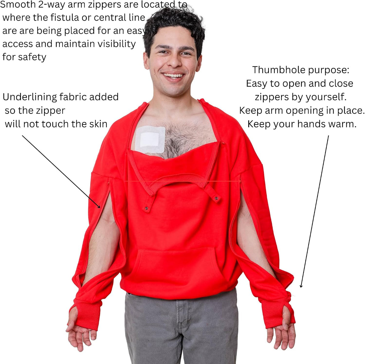 Warm Dialysis Sweatshirt with Chest & Arm Zipper Access, Chemo & Infusion Treatment Clothing for Men & Women