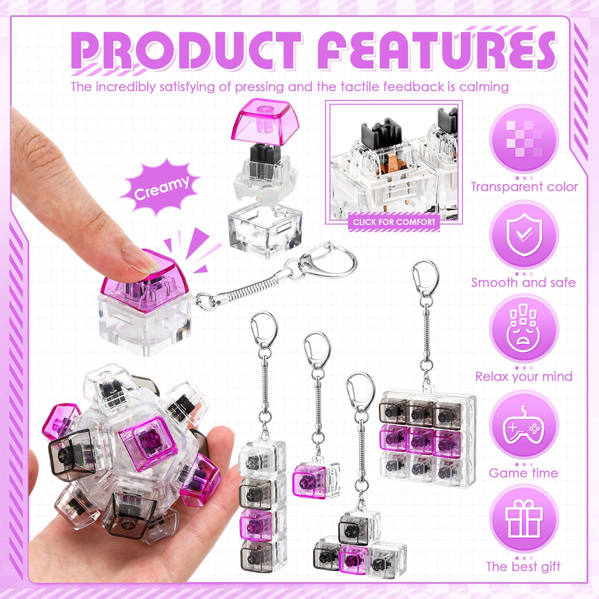 Halloscume 5 Pcs Keyboard Fidget Clicker Keychains in 5 Styles, Back to School Gift Fidget Mechanical Button Clicker Stress Relief Gift for First Day of School Office Home(Blue Purple)