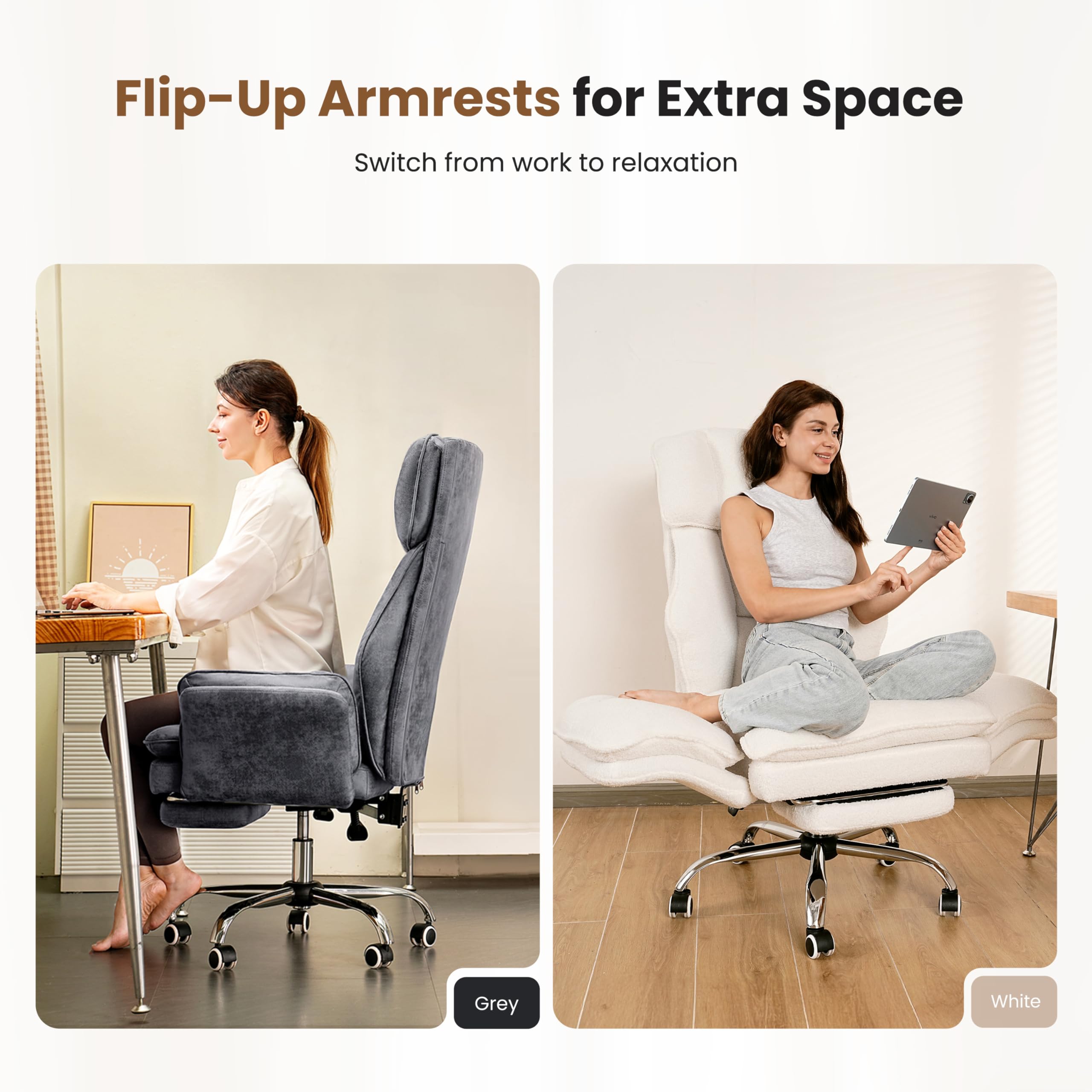Big and Tall Office Chair, Flip Armrests for Pets & Cross Legged Sitting, Executive Ergonomic Computer Gaming Chair with Foot Rest, Premium Tech Fabric Wide Seat Reclining Desk Chair