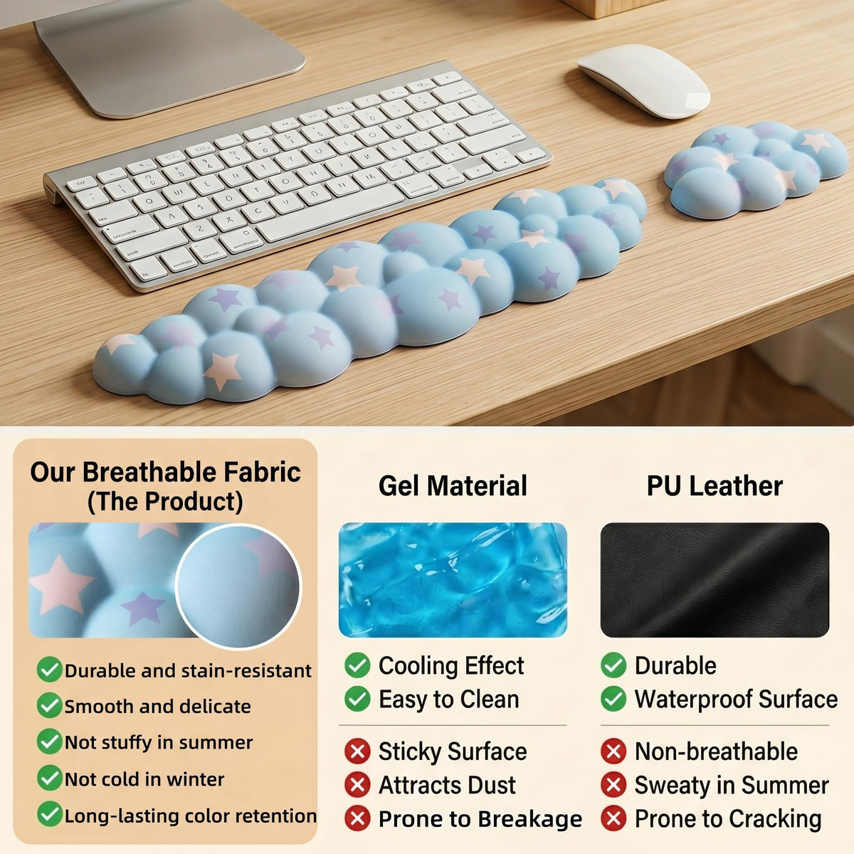 Silky Cloud Wrist Rest Set for Keyboard & Mouse, 16.9", Purple Star | Memory Foam Arm Rest with Ergonomic Support Fits Full Keyboards and Reduces Typing Fatigue for Office, Gaming and Home Use