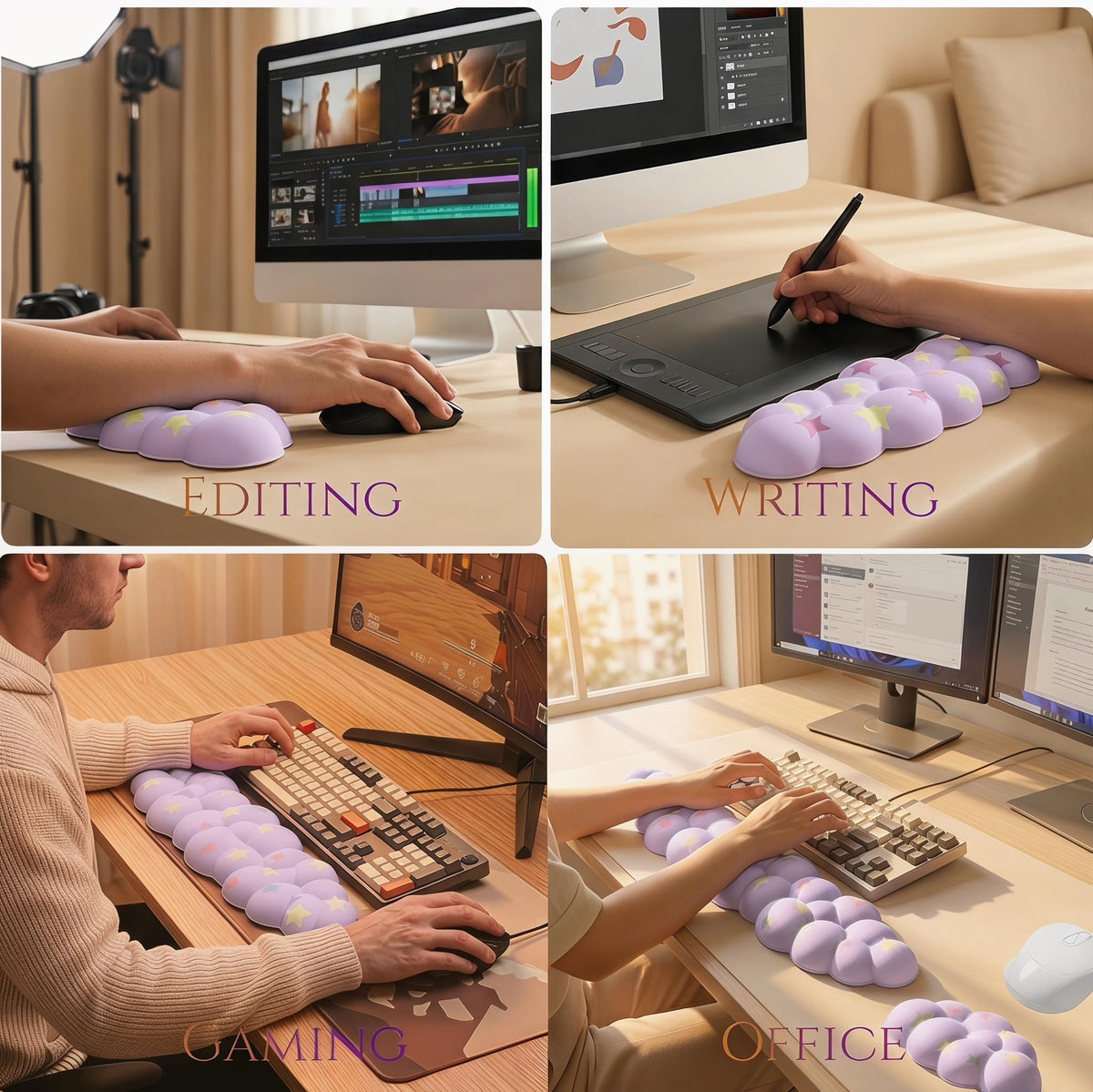 Silky Cloud Wrist Rest Set for Keyboard & Mouse, 16.9", Purple Star | Memory Foam Arm Rest with Ergonomic Support Fits Full Keyboards and Reduces Typing Fatigue for Office, Gaming and Home Use