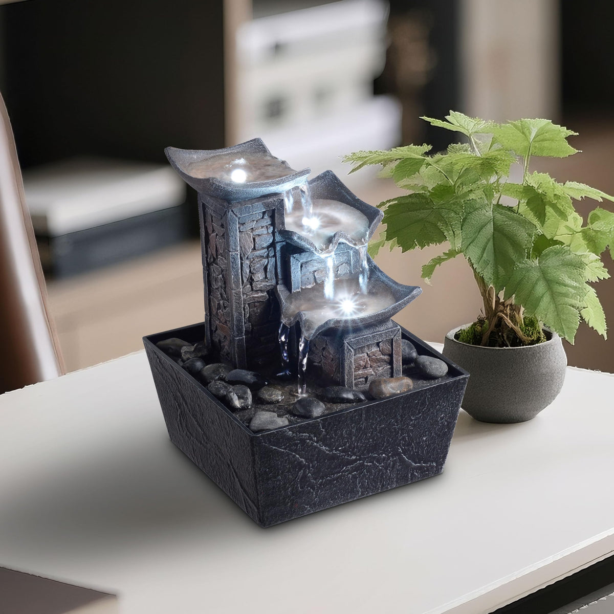 Tabletop Indoor Water Fountain – 3-Tier Rock Waterfall Fountain with Warm LED Light and DIY Planting Pot – Relaxing Small Water Feature for Desk or Home Decor (23061)