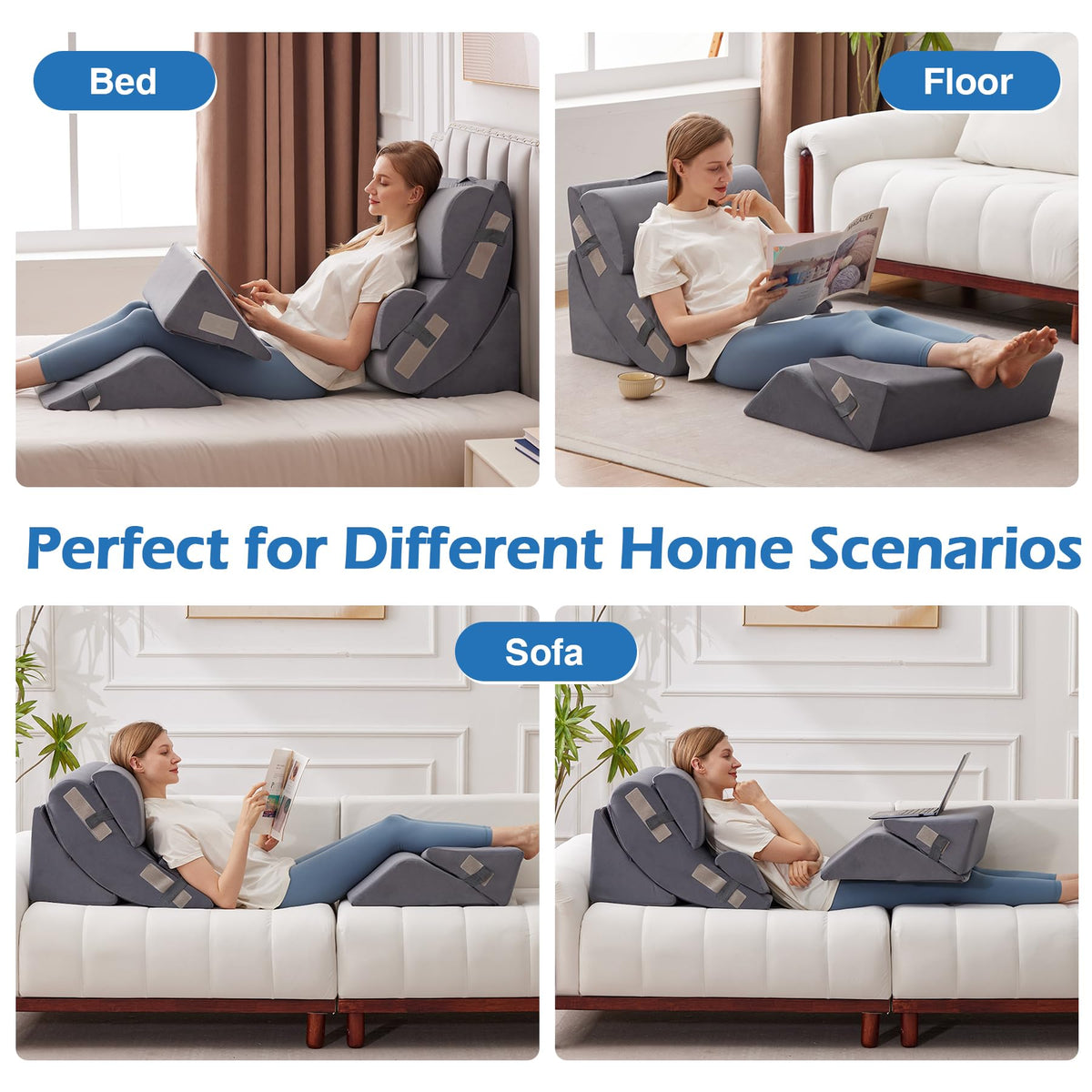 Ahpmeoa 6PCS Wedge Pillow Set for After Surgery, Orthopedic Bed Wedge Pillow for Headboard, Memory Foam Back Pillow for Bed Sitting Up, Sit Up Pillow for Acid Reflux Relief, GERD, Anti Snoring (White)