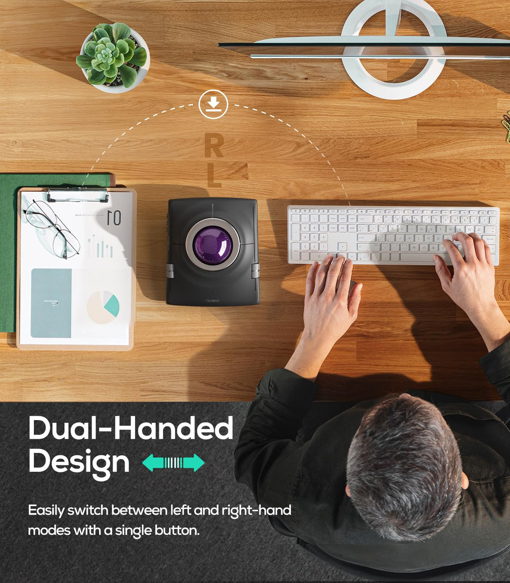 Nulea Wireless Trackball Mouse, Ergonomic 55mm Trackball, 4 Level Adjustable DPI for Precise Control, Left or Right Hand Compatible, Rechargeable, Multi-Device Bluetooth & 2.4GHz for PC, Laptop