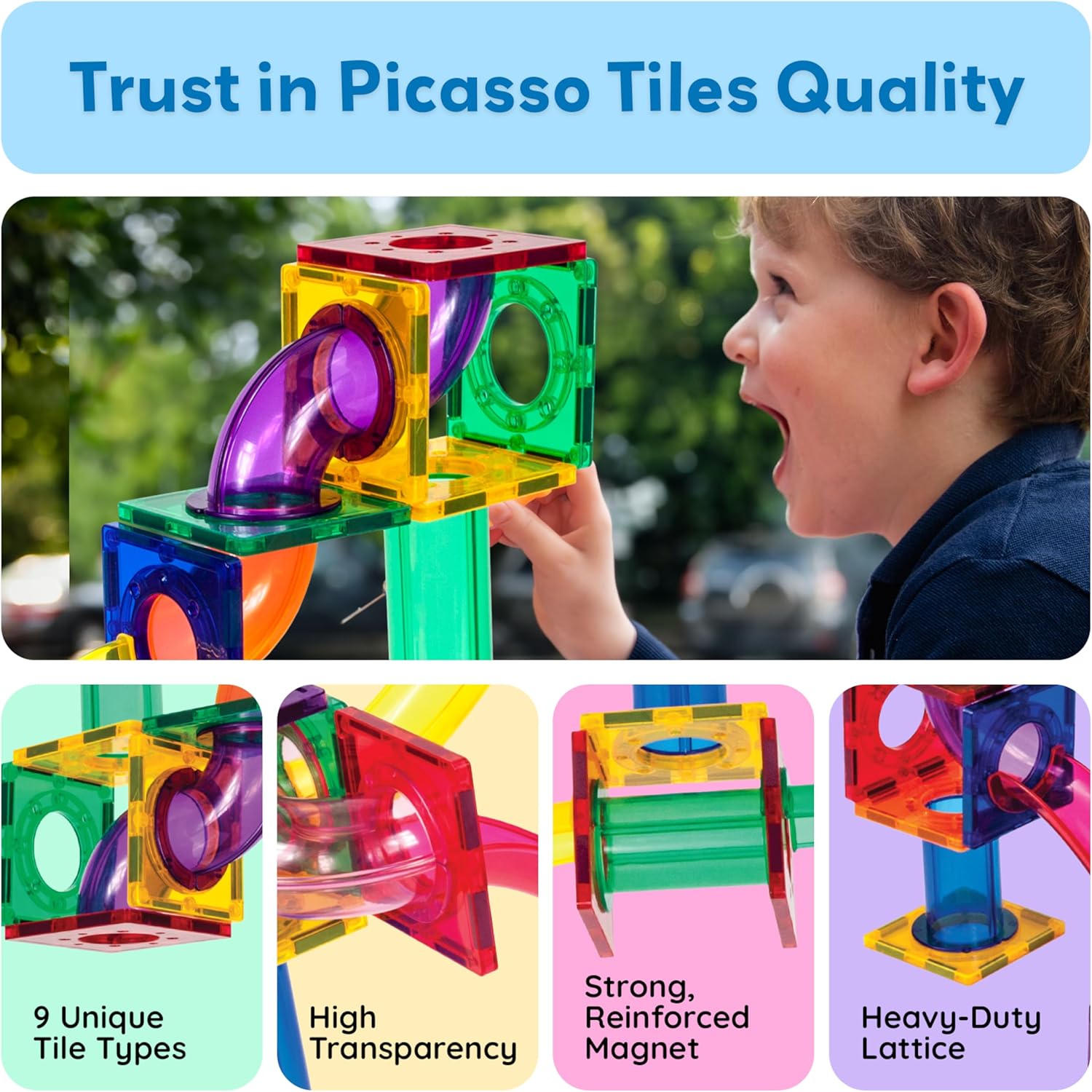 PicassoTiles 100 Piece Marble Run Magnetic Tiles Race Track STEM Ages 3+ | BPA-free ABS plastic, reinforced edges, curved slopes and U-turns, steel balls included, open-ended maze layouts, shared play