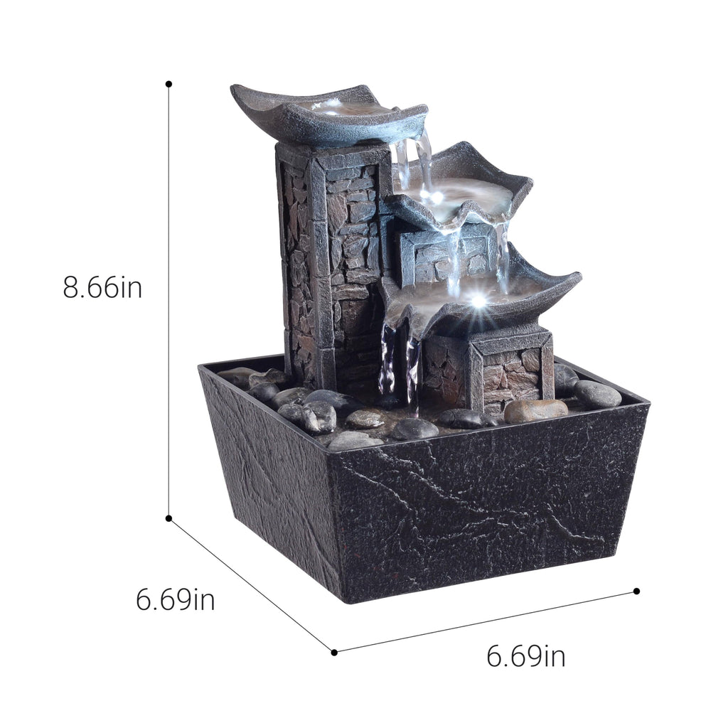 Tabletop Indoor Water Fountain – 3-Tier Rock Waterfall Fountain with Warm LED Light and DIY Planting Pot – Relaxing Small Water Feature for Desk or Home Decor (23061)