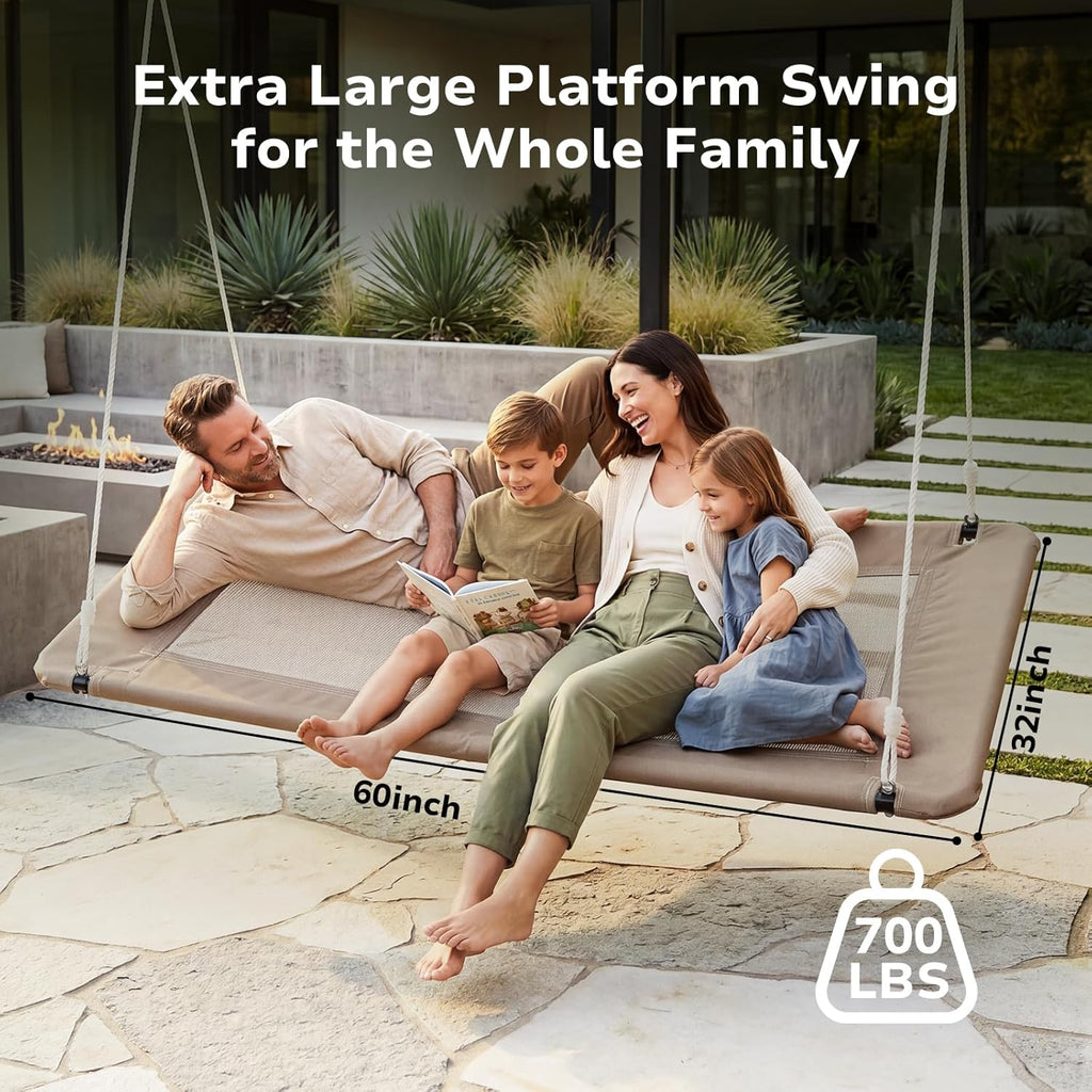 Trekassy 60" Extra Large Rectangle Tree Swing - Heavy Duty 700lb Capacity, Waterproof Platform for Kids & Adults with Complete Installation Kit & 2 Tree Straps (Beige)