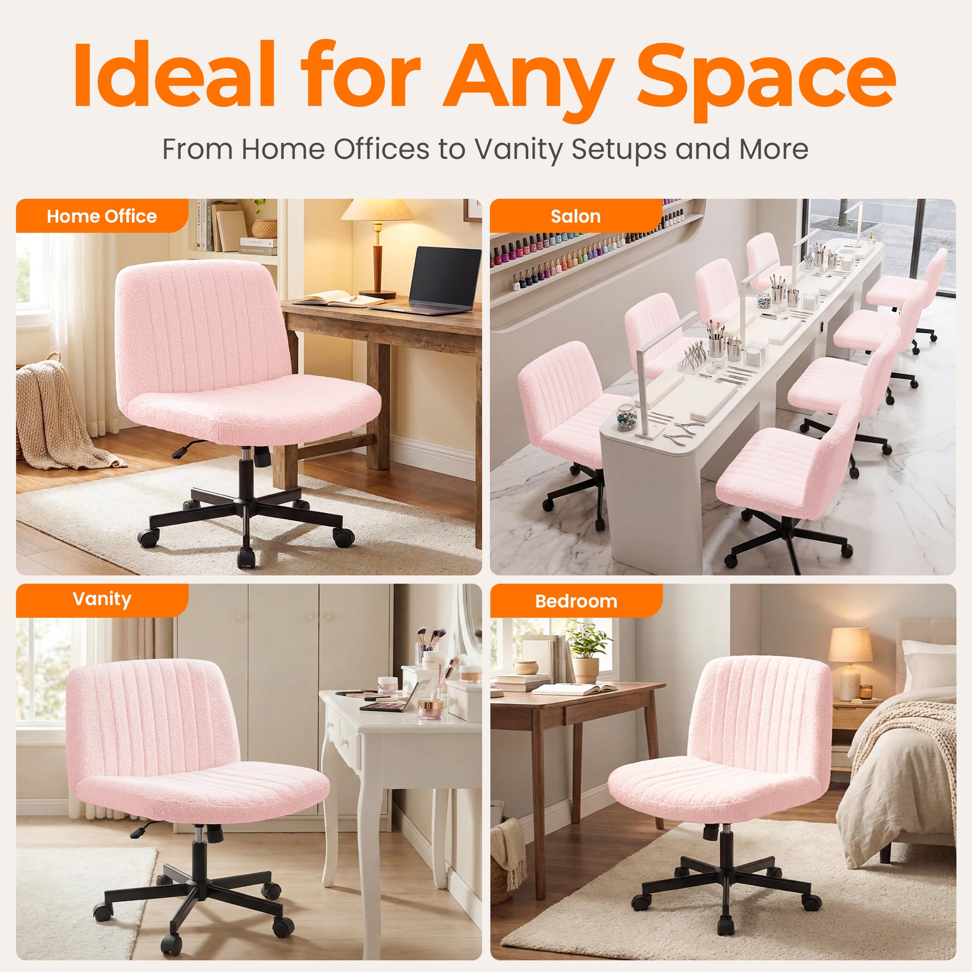 NEO CHAIR Criss Cross Chair with Wheels Home Office Cross Legged Armless Chairs Adjustable Computer Desk Wide Seat for Bedroom Vanity Comfy Swivel (Teddy White)
