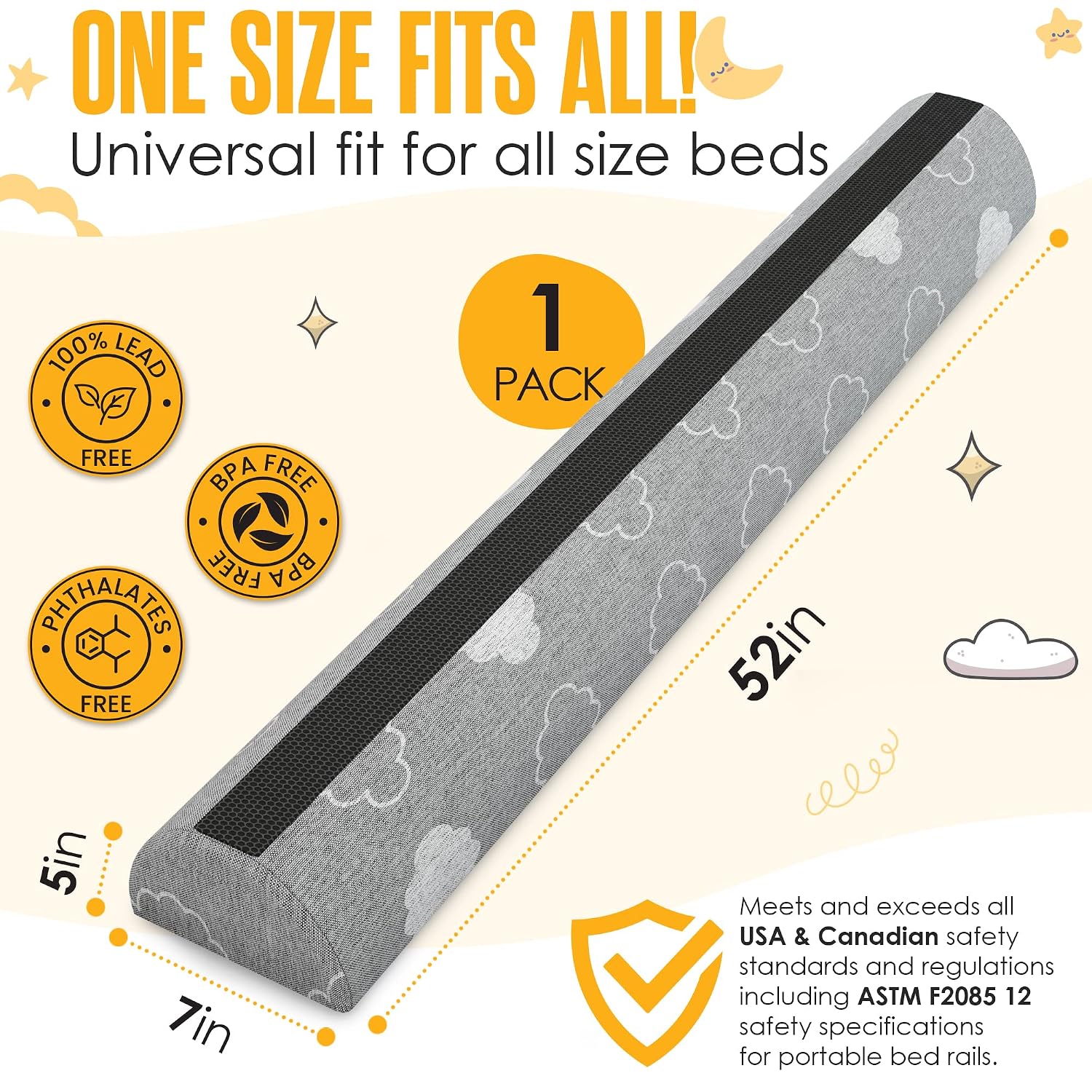 Sleepah Bed Bumpers for Toddlers - Memory Foam Guard Rail Pads for Kids Bed | Soft Removable Washable & Waterproof Cover – Dual Sided Non-Slip Noodle Long Pillow for King Queen Full Twin Beds (1 Pack)