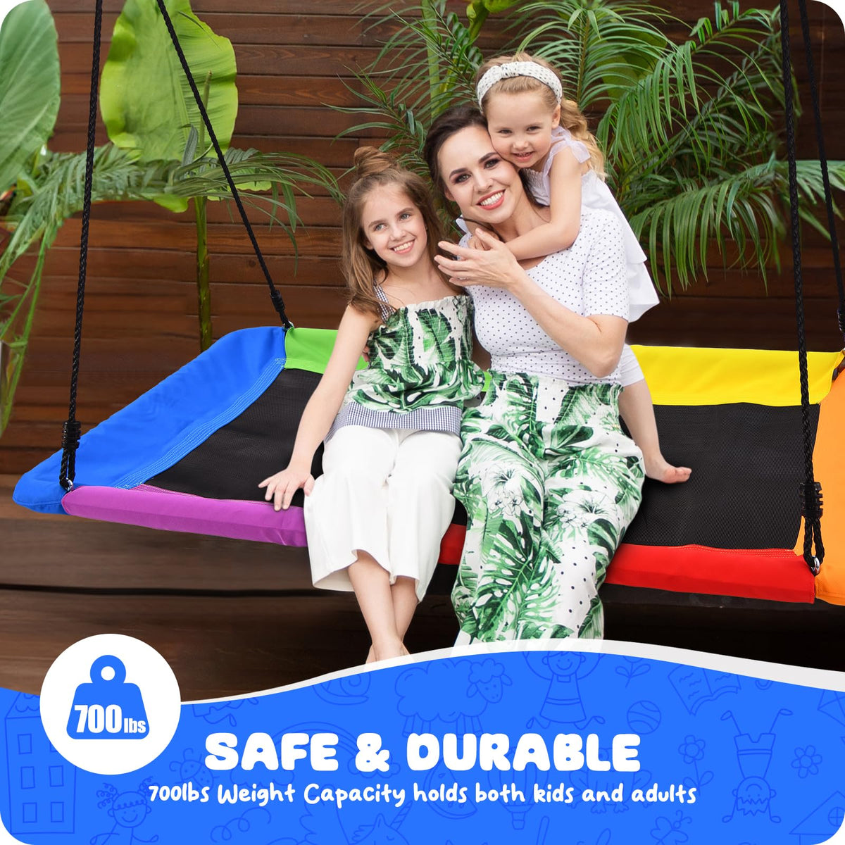 Trekassy 60" Extra Large Rectangle Tree Swing - Heavy Duty 700lb Capacity, Waterproof Platform for Kids & Adults with Complete Installation Kit & 2 Tree Straps (Beige)