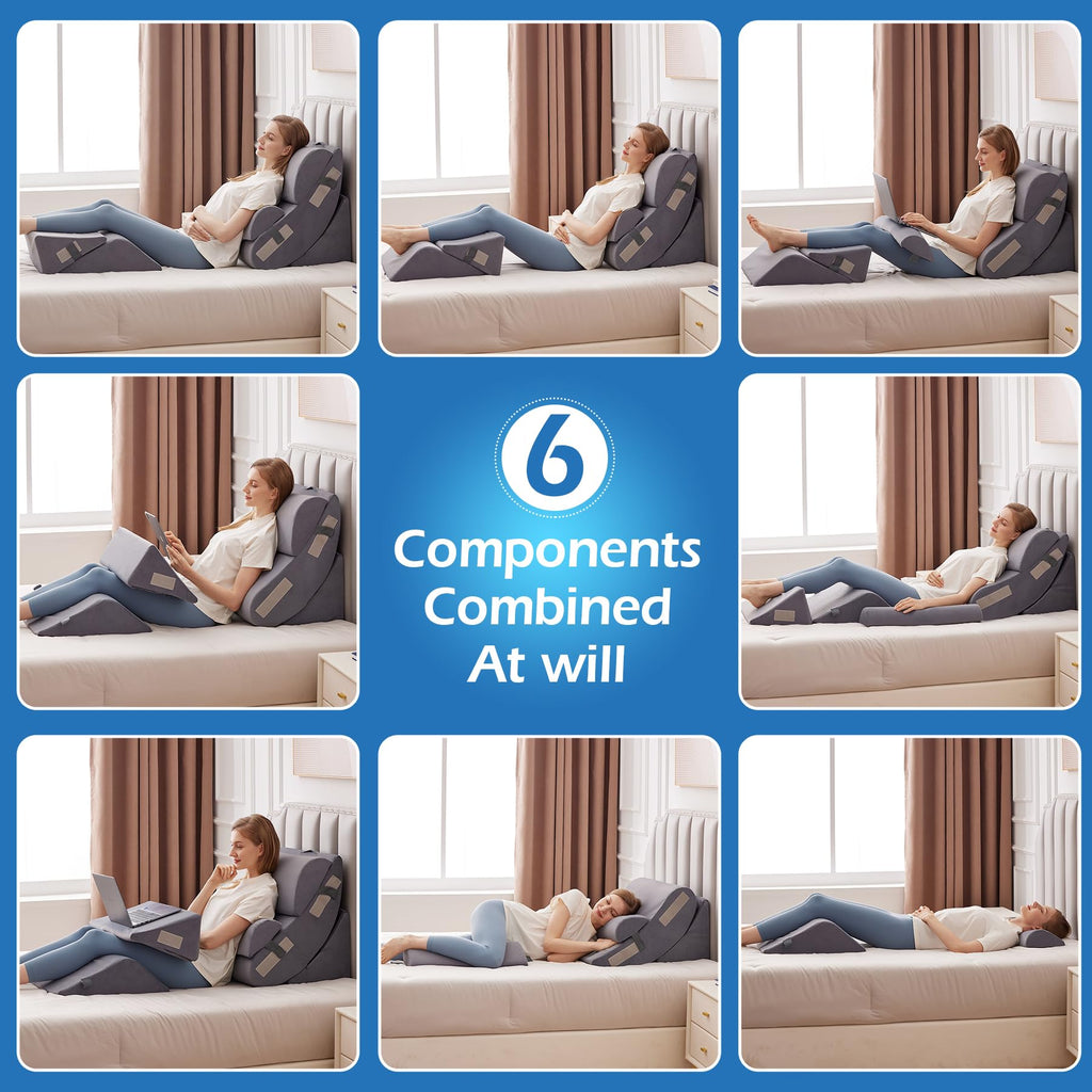 Ahpmeoa 6PCS Wedge Pillow Set for After Surgery, Orthopedic Bed Wedge Pillow for Headboard, Memory Foam Back Pillow for Bed Sitting Up, Sit Up Pillow for Acid Reflux Relief, GERD, Anti Snoring (White)