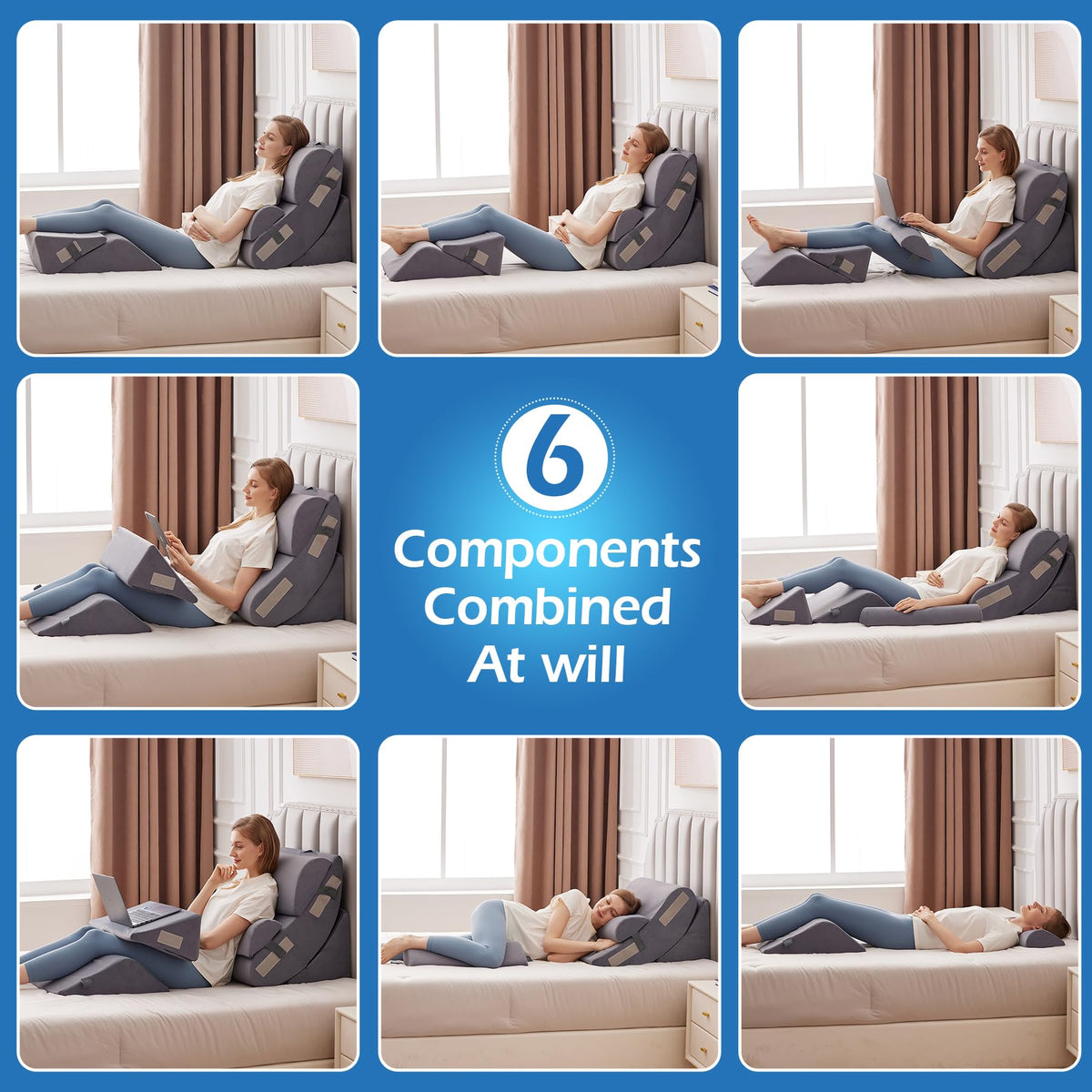 Ahpmeoa 6PCS Wedge Pillow Set for After Surgery, Orthopedic Bed Wedge Pillow for Headboard, Memory Foam Back Pillow for Bed Sitting Up, Sit Up Pillow for Acid Reflux Relief, GERD, Anti Snoring (White)