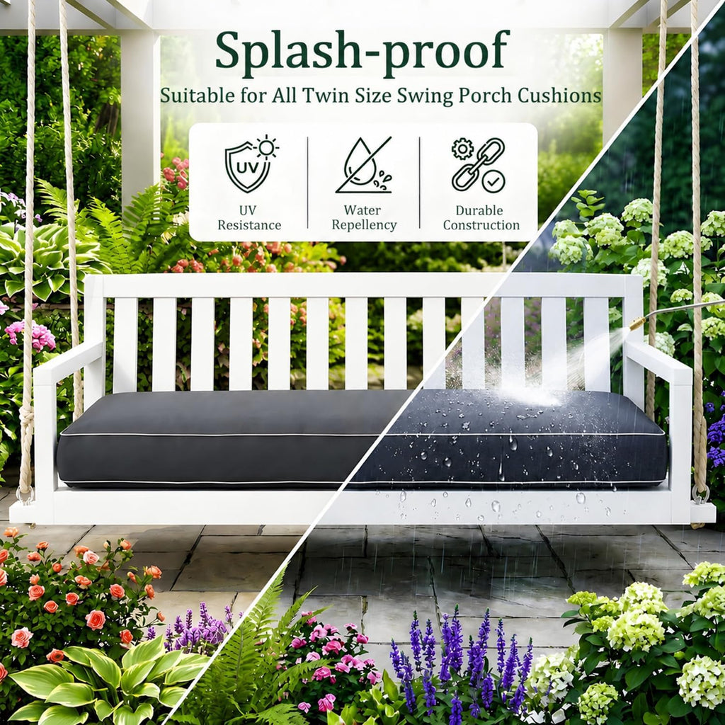 Twin Size Outdoor Daybed Swing Cushion Cover,Patio Porch Twin Mattress Bolster Pillow Fitted Sheet Cover Waterproof for Outdoor Hanging Porch Swing Bed (6, Dark Gray-White Piping)