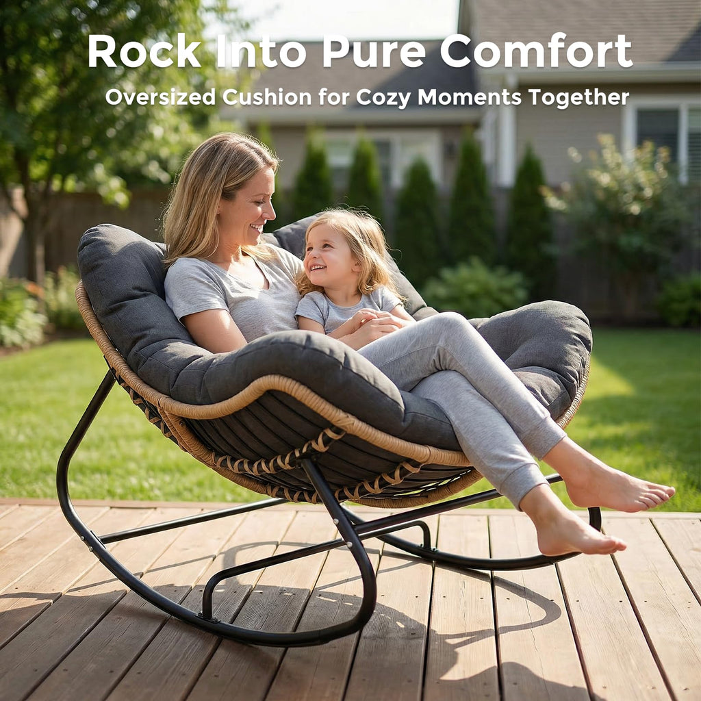 SWITTE Papasan Rocking Chair Outdoor, Oversized Patio Egg Chair with Thick Cushion, Indoor Wicker Lounge Rocker Bed for Balcony, Porch, Garden, Dark Gray