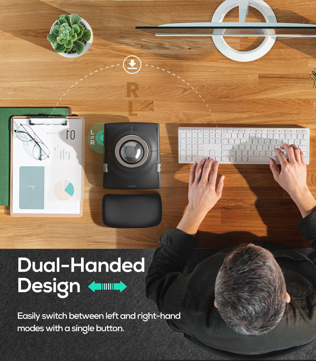 Nulea Wireless Trackball Mouse, Ergonomic 55mm Trackball, 4 Level Adjustable DPI for Precise Control, Left or Right Hand Compatible, Rechargeable, Multi-Device Bluetooth & 2.4GHz for PC, Laptop