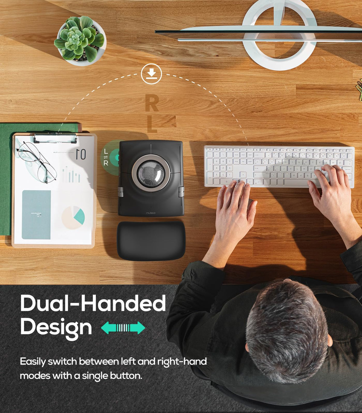 Nulea Wireless Trackball Mouse, Ergonomic 55mm Trackball, 4 Level Adjustable DPI for Precise Control, Left or Right Hand Compatible, Rechargeable, Multi-Device Bluetooth & 2.4GHz for PC, Laptop