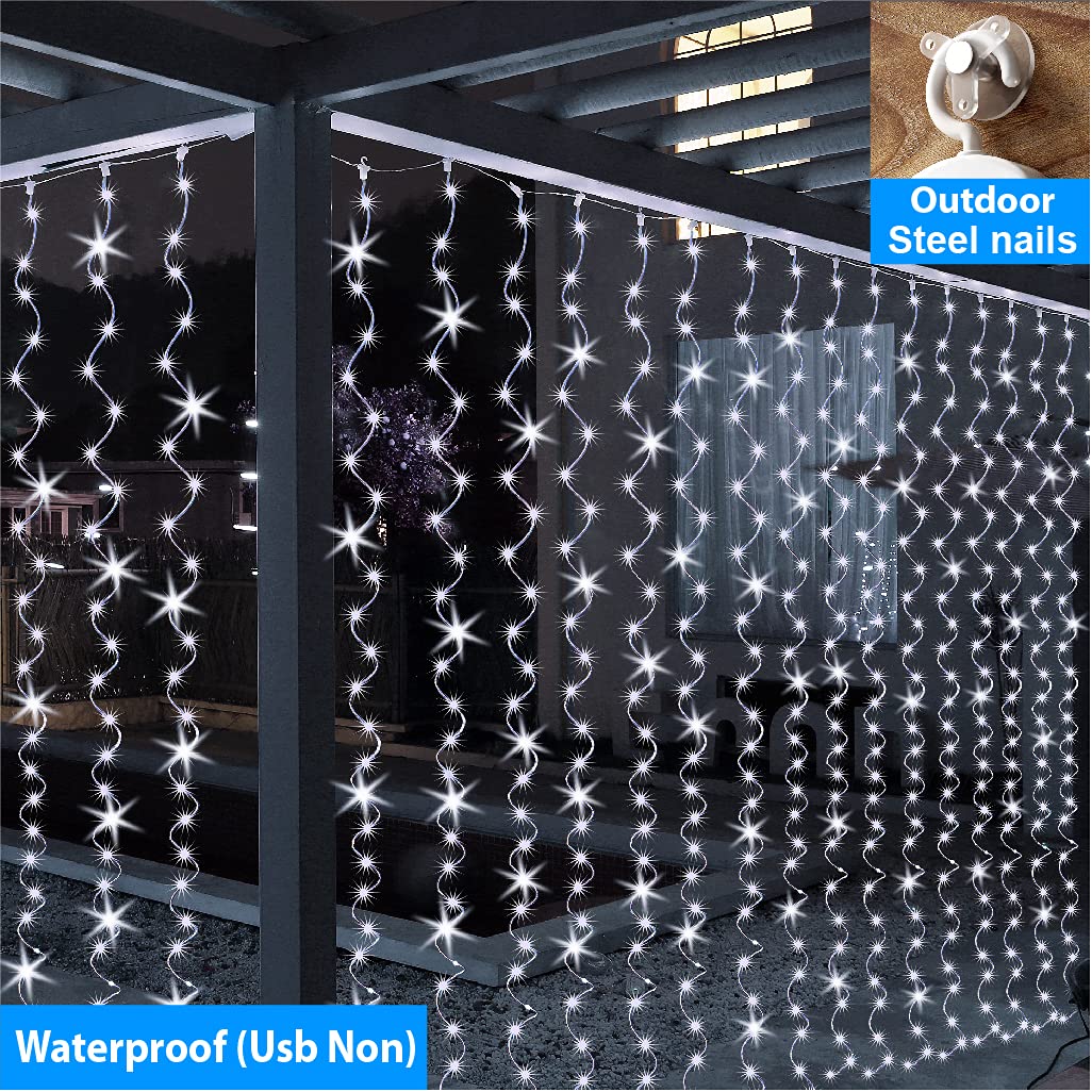 ZSJWL 300 LED Curtain Fairy Lights with Remote, 8 Modes 9.8 × 9.8 Ft Curtain String Light USB Plug in, Twinkle Silver Wire Lights for Bedroom Window Chrismas Wedding Party, Warm White