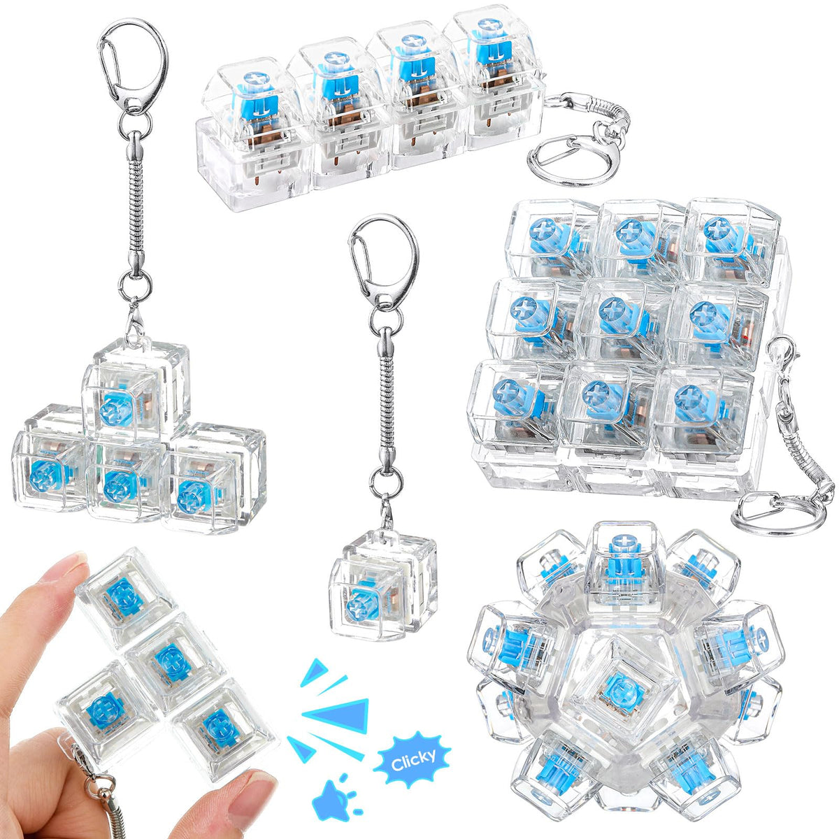 Halloscume 5 Pcs Keyboard Fidget Clicker Keychains in 5 Styles, Back to School Gift Fidget Mechanical Button Clicker Stress Relief Gift for First Day of School Office Home(Blue Purple)