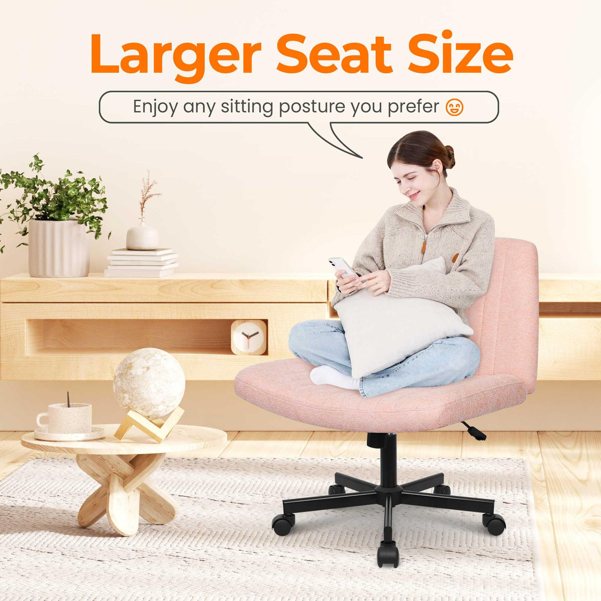 NEO CHAIR Criss Cross Chair with Wheels Home Office Cross Legged Armless Chairs Adjustable Computer Desk Wide Seat for Bedroom Vanity Comfy Swivel (Teddy White)