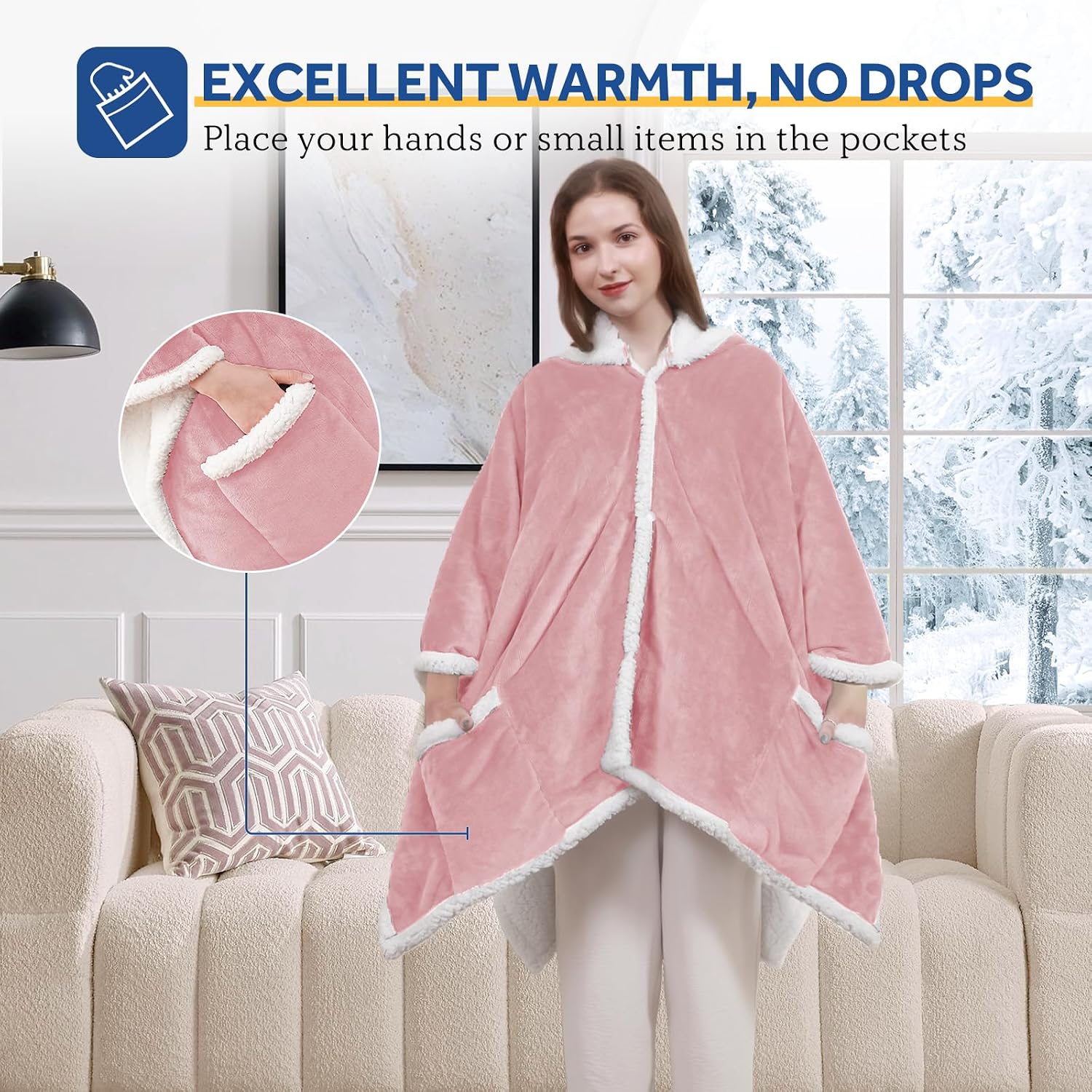 Sealy Heated Throw Wearable Shawl Wrap with Pockets, Reversible Flannel to Sherpa Electric Blanket Hoodie Poncho with 6 Heating Levels & 2-10 Hours Time Settings, 50 X 60 Inch, Pink