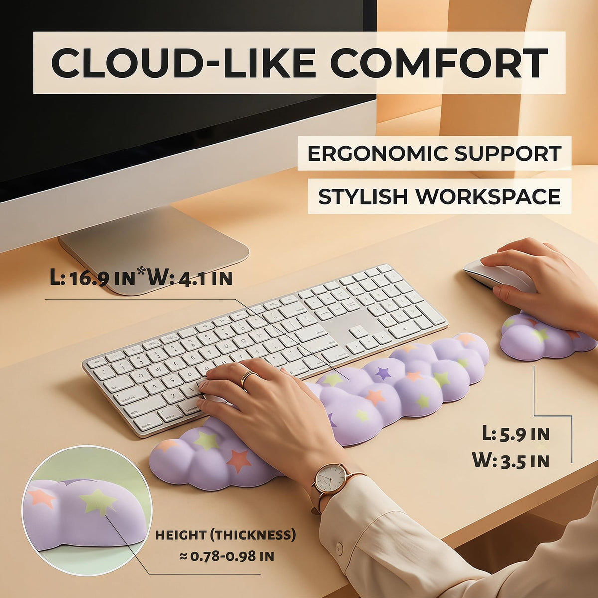 Silky Cloud Wrist Rest Set for Keyboard & Mouse, 16.9", Purple Star | Memory Foam Arm Rest with Ergonomic Support Fits Full Keyboards and Reduces Typing Fatigue for Office, Gaming and Home Use