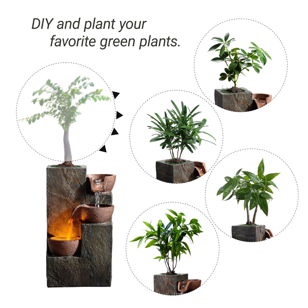 Tabletop Indoor Water Fountain – 3-Tier Rock Waterfall Fountain with Warm LED Light and DIY Planting Pot – Relaxing Small Water Feature for Desk or Home Decor (23061)