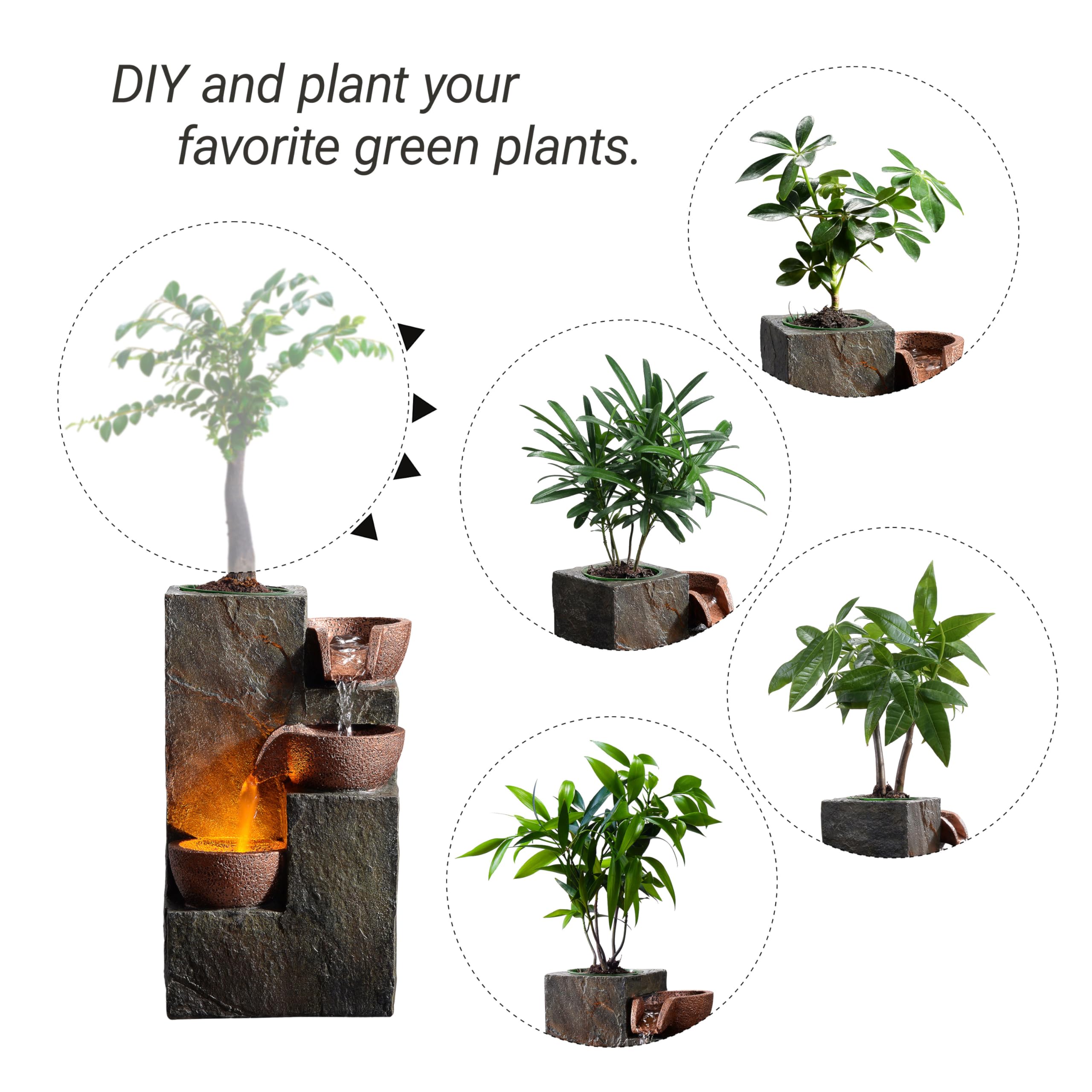 Tabletop Indoor Water Fountain – 3-Tier Rock Waterfall Fountain with Warm LED Light and DIY Planting Pot – Relaxing Small Water Feature for Desk or Home Decor (23061)