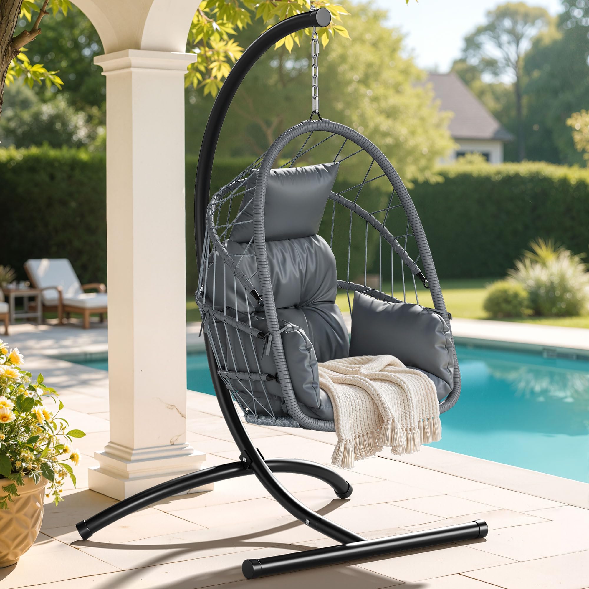 YITAHOME Hanging Egg Chair with Stand, Wicker Rattan Egg Swing Chair with 360° Swivel, Cushions, Strong Frame with 330 lbs of Support for Indoor, Outdoor, Grey
