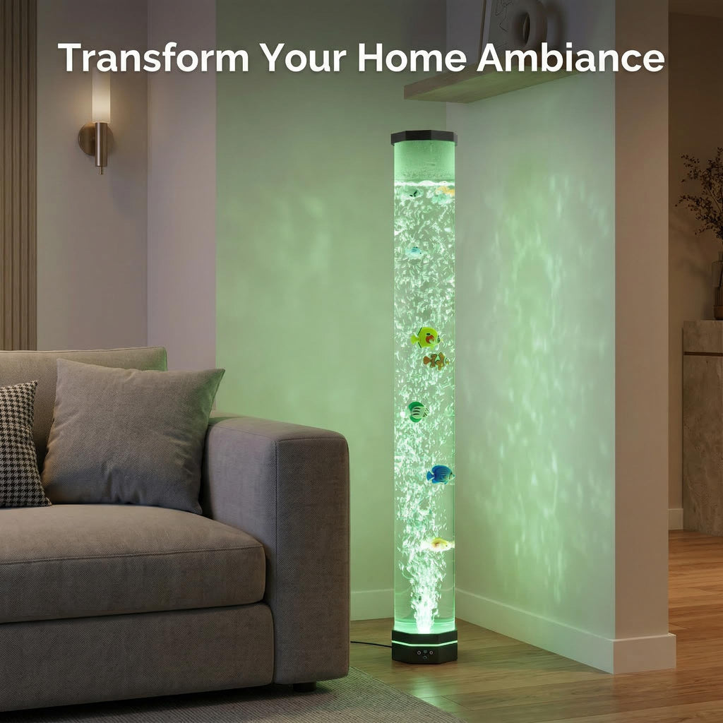 4FT Sensory Bubble Lamp, 9 Floating Fish, 16 Color LED | Remote control, 120mm extra-wide tube, 3-speed bubbles; for bedroom, living room, office and sensory room