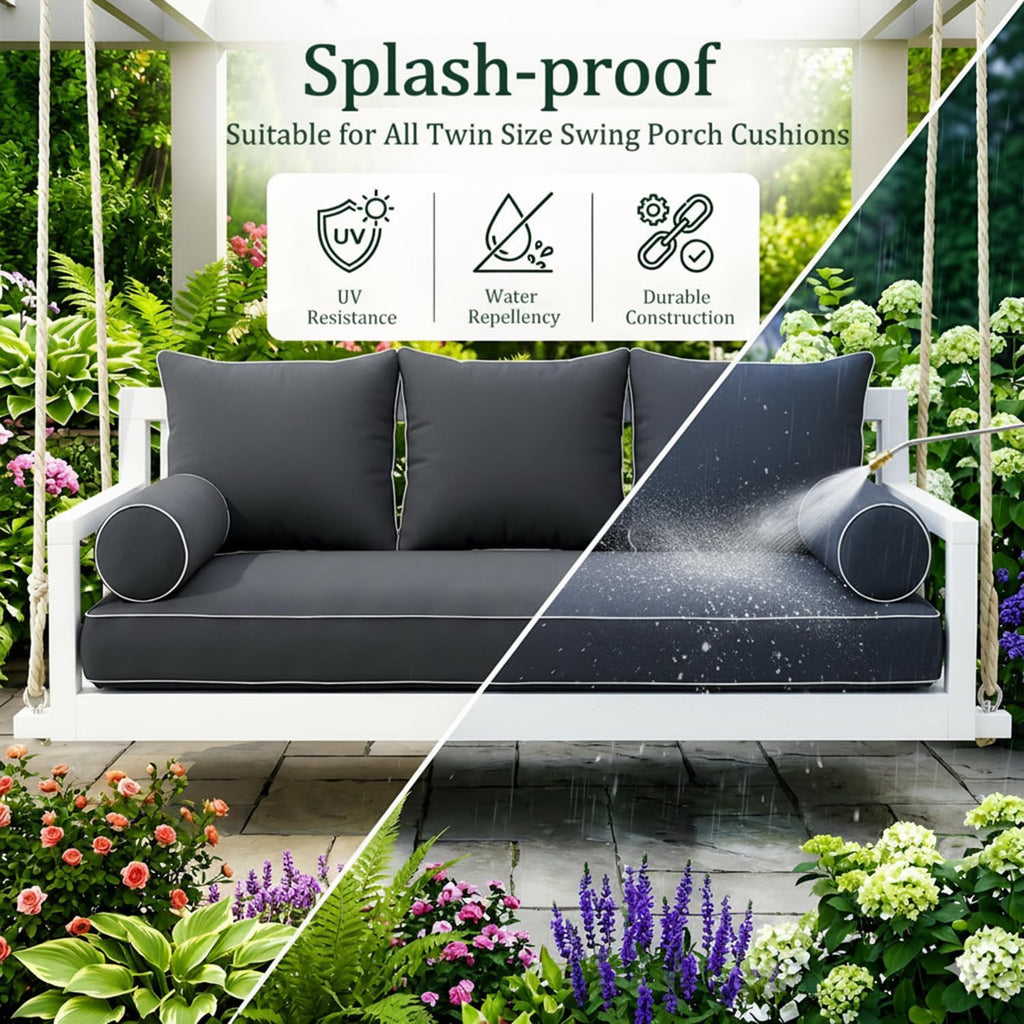 Twin Size Outdoor Daybed Swing Cushion Cover,Patio Porch Twin Mattress Bolster Pillow Fitted Sheet Cover Waterproof for Outdoor Hanging Porch Swing Bed (6, Dark Gray-White Piping)