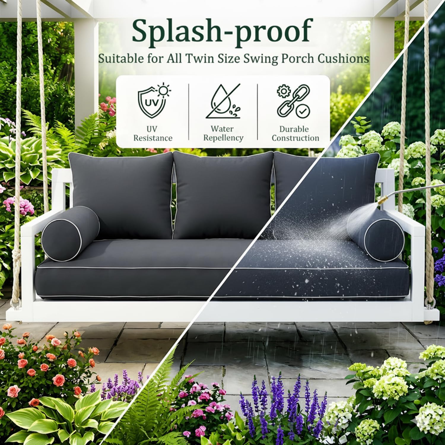 Twin Size Outdoor Daybed Swing Cushion Cover,Patio Porch Twin Mattress Bolster Pillow Fitted Sheet Cover Waterproof for Outdoor Hanging Porch Swing Bed (6, Dark Gray-White Piping)