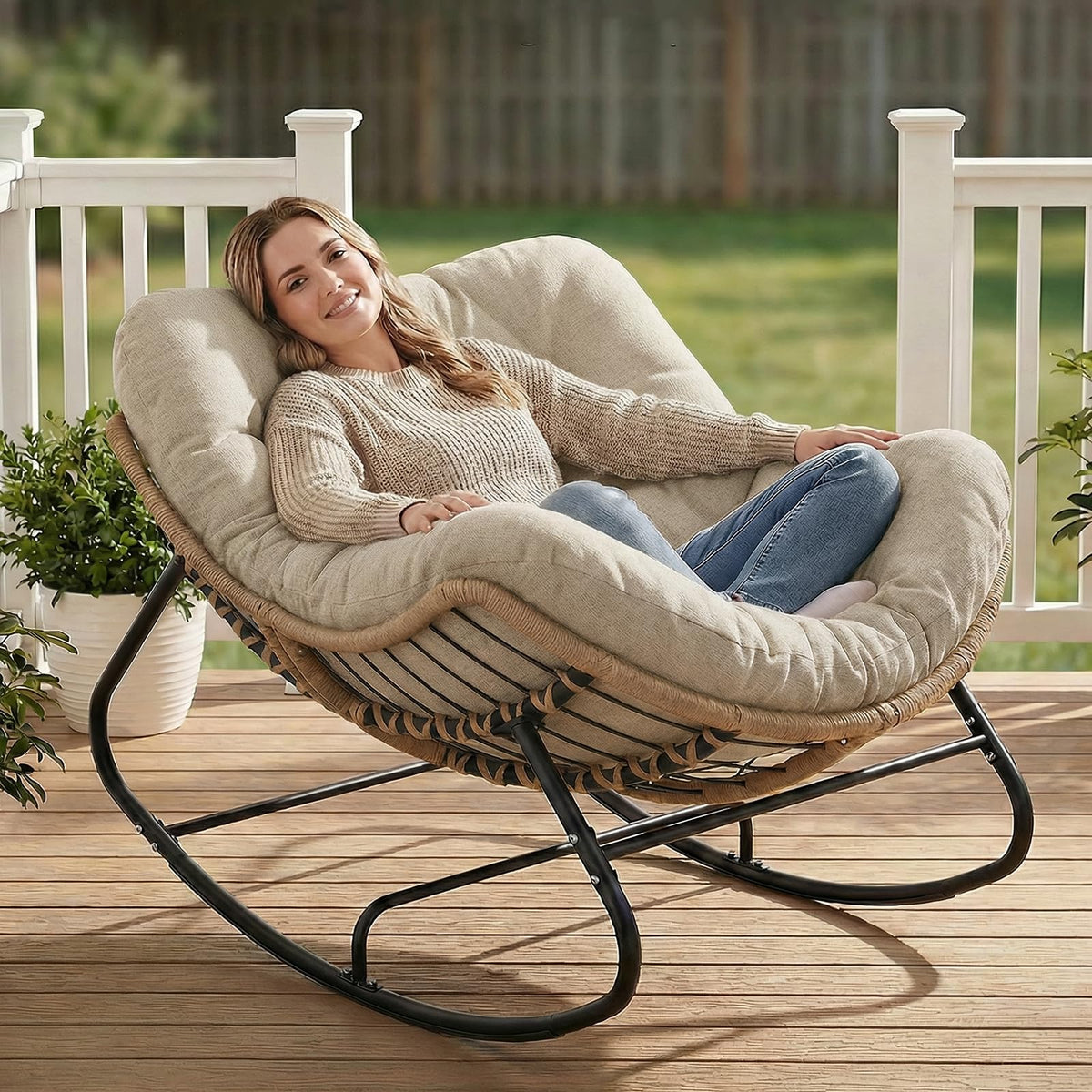 SWITTE Papasan Rocking Chair Outdoor, Oversized Patio Egg Chair with Thick Cushion, Indoor Wicker Lounge Rocker Bed for Balcony, Porch, Garden, Dark Gray