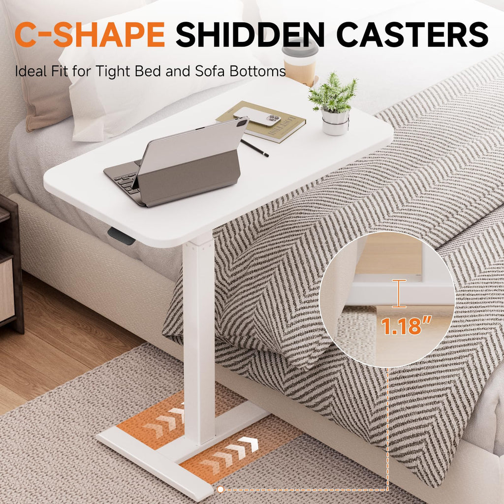 GTPLAYER Small Standing Desk with Wheels, Pneumatic Mobile Rolling Laptop Desk, Adjustable Height Overbed Bedside Table Computer Workstation for Home Office (28" W x 16" D, White)