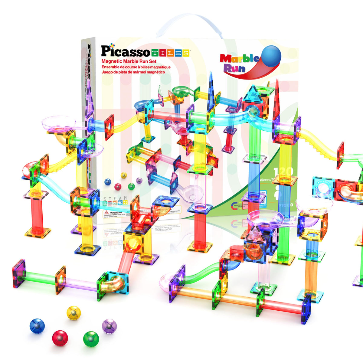 PicassoTiles 100 Piece Marble Run Magnetic Tiles Race Track STEM Ages 3+ | BPA-free ABS plastic, reinforced edges, curved slopes and U-turns, steel balls included, open-ended maze layouts, shared play
