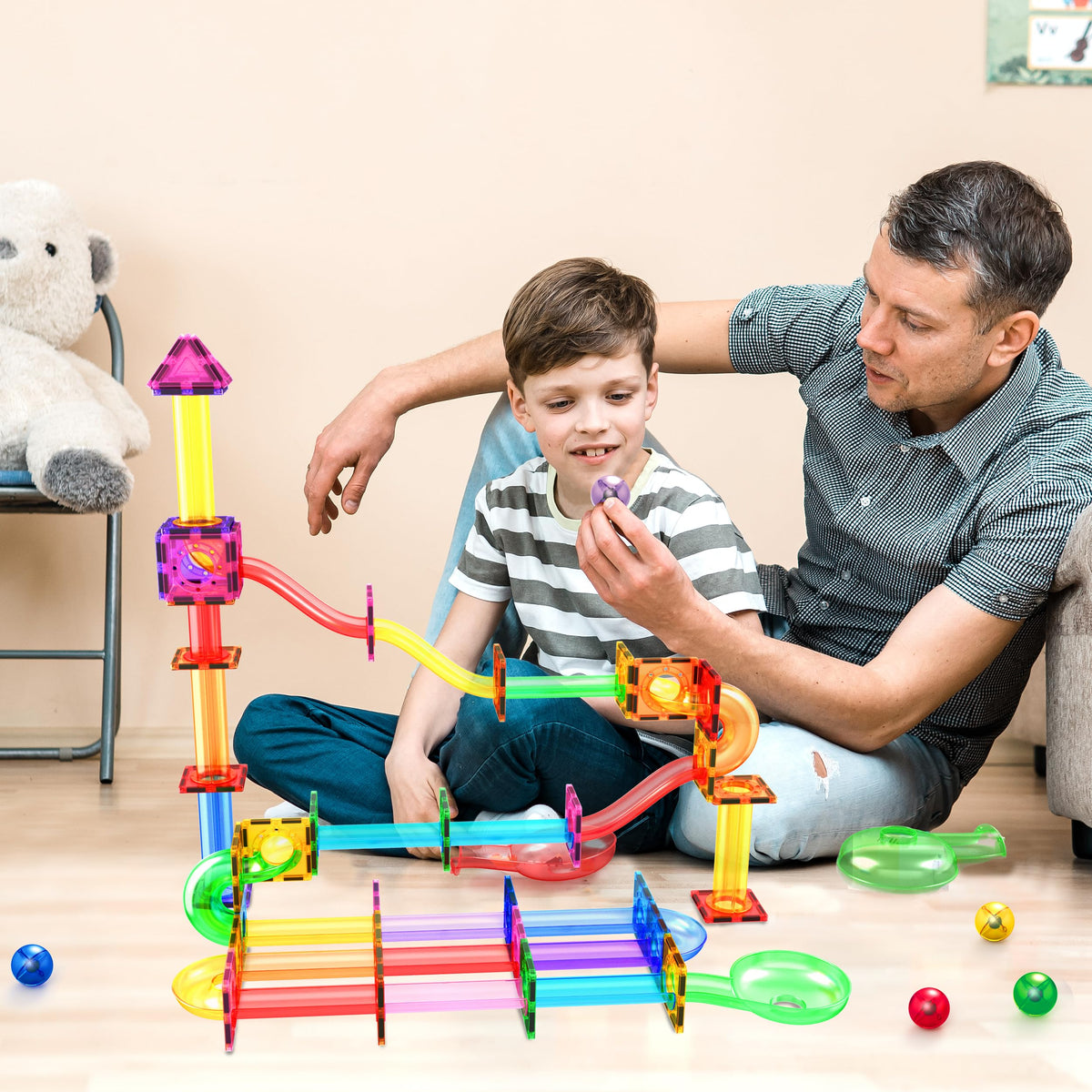 PicassoTiles 100 Piece Marble Run Magnetic Tiles Race Track STEM Ages 3+ | BPA-free ABS plastic, reinforced edges, curved slopes and U-turns, steel balls included, open-ended maze layouts, shared play