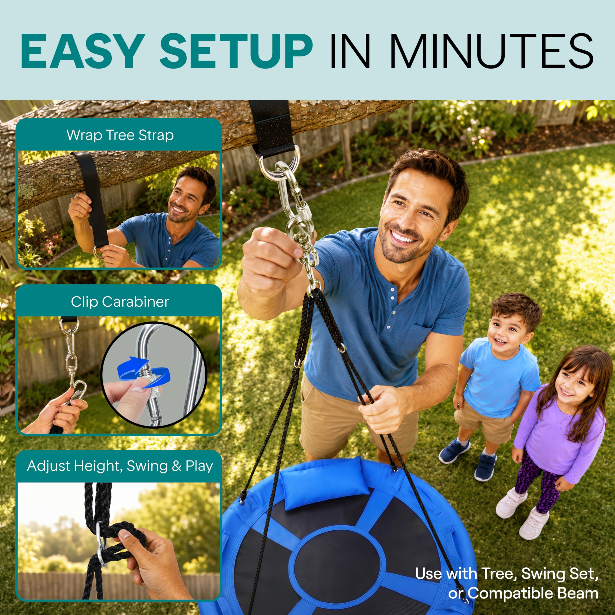 SereneLife Saucer Swing, Tree Swing, 40 Inch, 900lb Heavy Duty Capacity for Kids, 900D Oxford Waterproof Seat, Adjustable Height Ropes, 2 Strap Tree Hang Kit, Center Swivel Spinner, Black