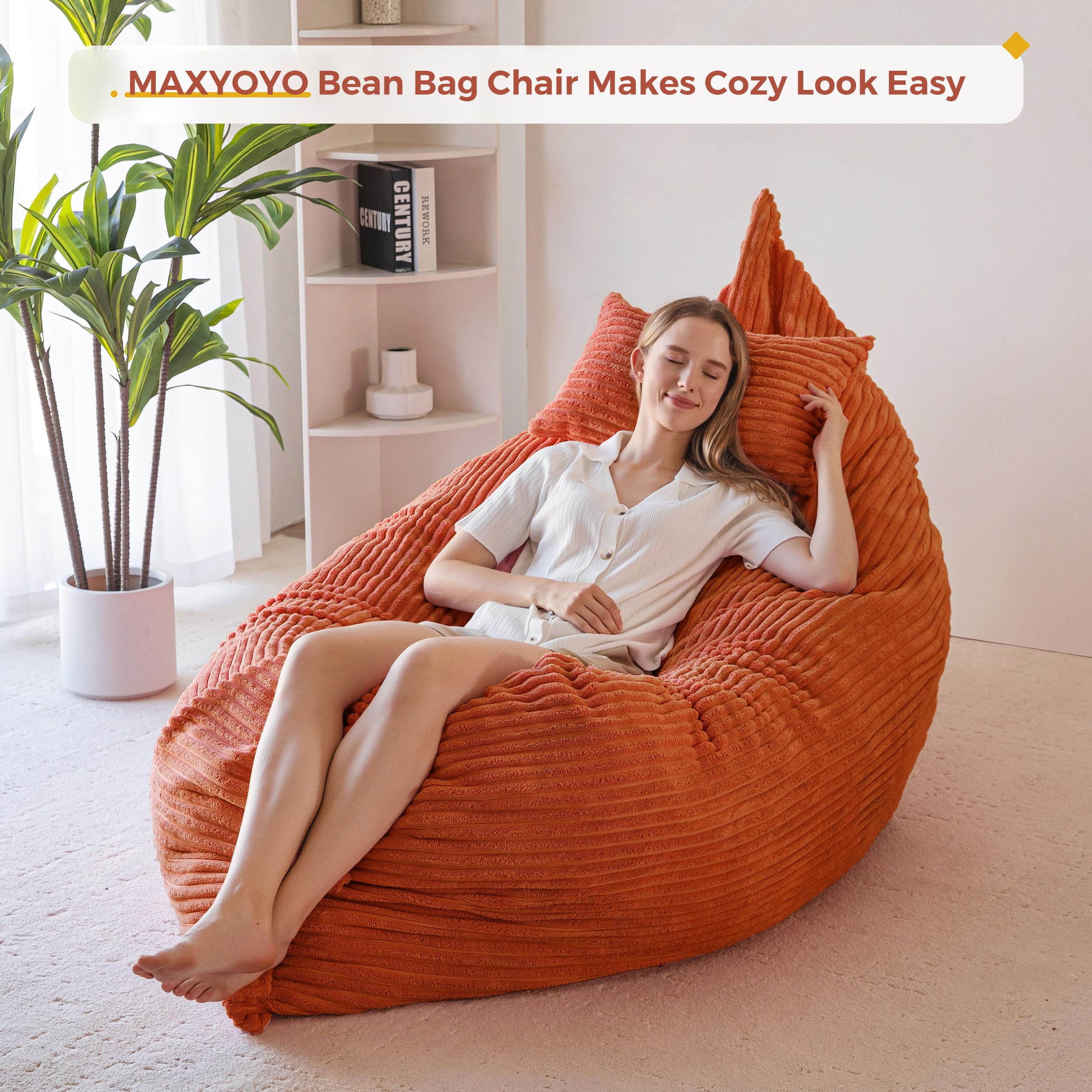MAXYOYO Giant Bean Bag Chair with Pillow, 3 in 1 Convertible Bean Bag Chair for Adults with Washable Cover, Removable Floor Cushion Stuffed Floor Lounger for Living Room Bedroom, Pink, Full