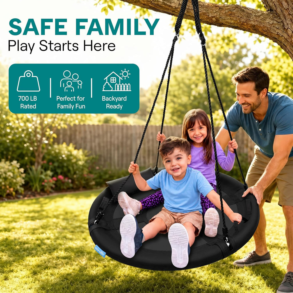 SereneLife Saucer Swing, Tree Swing, 40 Inch, 900lb Heavy Duty Capacity for Kids, 900D Oxford Waterproof Seat, Adjustable Height Ropes, 2 Strap Tree Hang Kit, Center Swivel Spinner, Black