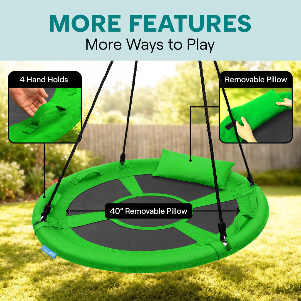 SereneLife Saucer Swing, Tree Swing, 40 Inch, 900lb Heavy Duty Capacity for Kids, 900D Oxford Waterproof Seat, Adjustable Height Ropes, 2 Strap Tree Hang Kit, Center Swivel Spinner, Black