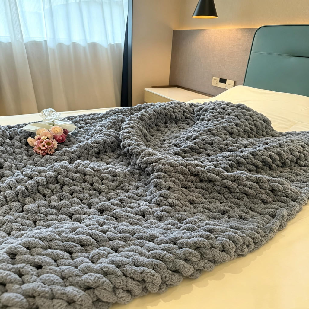 Soft Chunky Knit Throw Blanket for Couch, Cozy Warm Knitted Blankets | Hand Knit with Jumbo Chenille, Lightweight Warm Fluffy Decor for Women, Mom, Her & Girls, Sofa, Chair, Bed, 40"×40" (Gray)