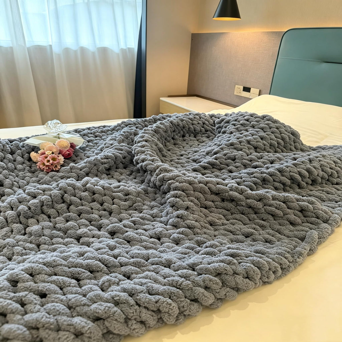 Soft Chunky Knit Throw Blanket for Couch, Cozy Warm Knitted Blankets | Hand Knit with Jumbo Chenille, Lightweight Warm Fluffy Decor for Women, Mom, Her & Girls, Sofa, Chair, Bed, 40"×40" (Gray)