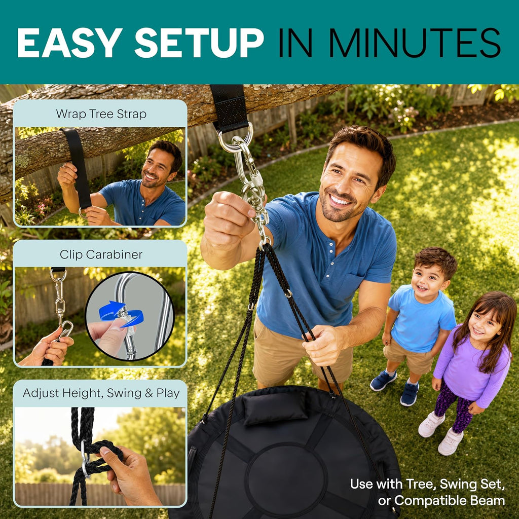 SereneLife Saucer Swing, Tree Swing, 40 Inch, 900lb Heavy Duty Capacity for Kids, 900D Oxford Waterproof Seat, Adjustable Height Ropes, 2 Strap Tree Hang Kit, Center Swivel Spinner, Black