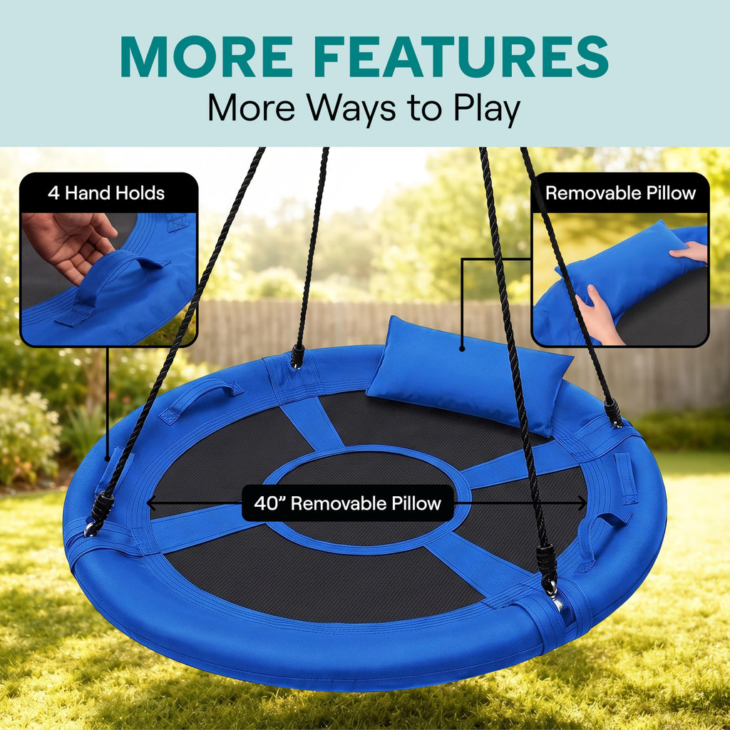 SereneLife Saucer Swing, Tree Swing, 40 Inch, 900lb Heavy Duty Capacity for Kids, 900D Oxford Waterproof Seat, Adjustable Height Ropes, 2 Strap Tree Hang Kit, Center Swivel Spinner, Black