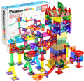 PicassoTiles 100 Piece Marble Run Magnetic Tiles Race Track STEM Ages 3+ | BPA-free ABS plastic, reinforced edges, curved slopes and U-turns, steel balls included, open-ended maze layouts, shared play