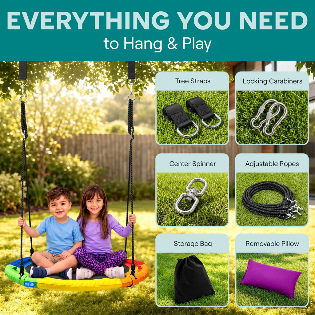 SereneLife Saucer Swing, Tree Swing, 40 Inch, 900lb Heavy Duty Capacity for Kids, 900D Oxford Waterproof Seat, Adjustable Height Ropes, 2 Strap Tree Hang Kit, Center Swivel Spinner, Black