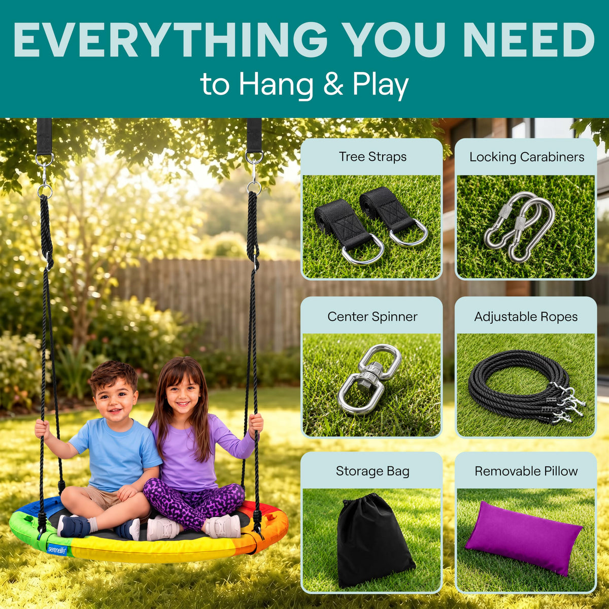 SereneLife Saucer Swing, Tree Swing, 40 Inch, 900lb Heavy Duty Capacity for Kids, 900D Oxford Waterproof Seat, Adjustable Height Ropes, 2 Strap Tree Hang Kit, Center Swivel Spinner, Black