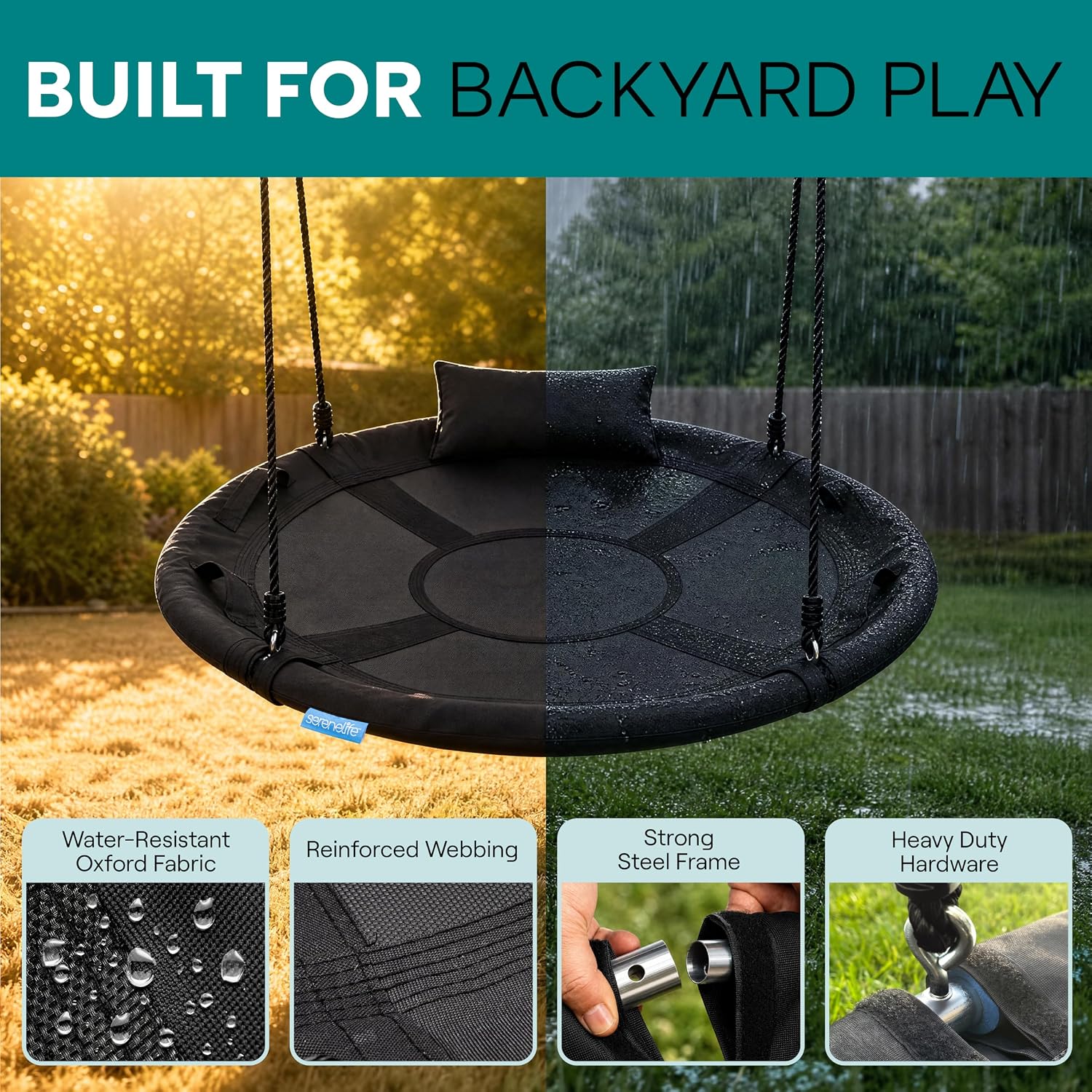 SereneLife Saucer Swing, Tree Swing, 40 Inch, 900lb Heavy Duty Capacity for Kids, 900D Oxford Waterproof Seat, Adjustable Height Ropes, 2 Strap Tree Hang Kit, Center Swivel Spinner, Black